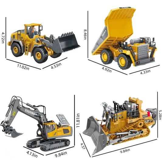 4pc RC Construction/Engineering Vehicle Set, 2.4G, 11-Channel Remote Control- Excavator, Dump Truck, Bulldozer, Front Loader- Alloy/plastic