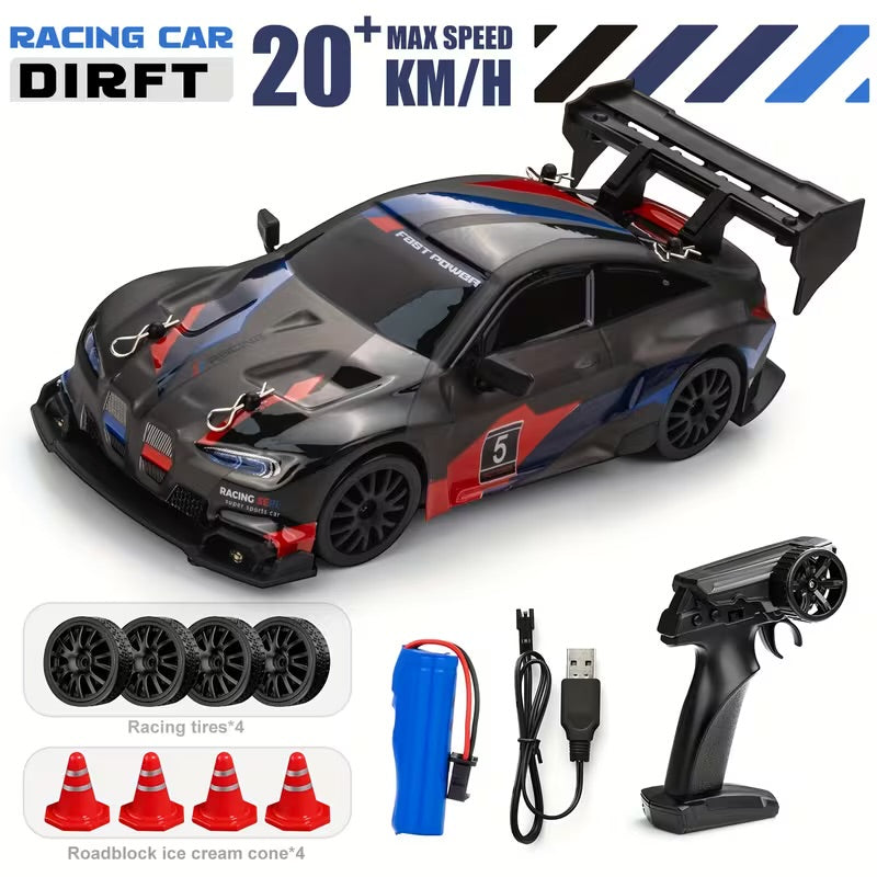 RC 1:24 Scale M2 Mini Drift Remote Control Rally Car, 2.4G Remote Control Vehicle, Speeds Over 20 Km/H, Comes with Drift Tires, Obstacles, And Lights