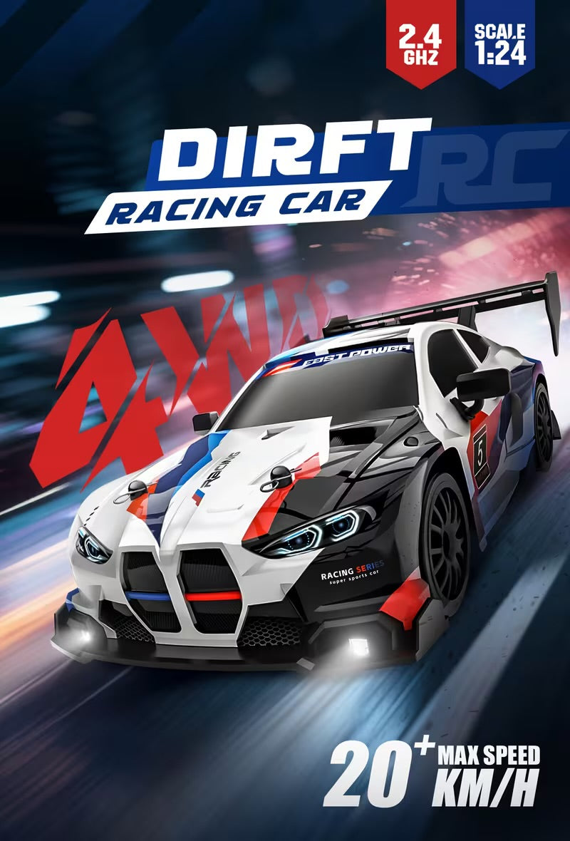 RC 1:24 Scale M2 Mini Drift Remote Control Rally Car, 2.4G Remote Control Vehicle, Speeds Over 20 Km/H, Comes with Drift Tires, Obstacles, And Lights