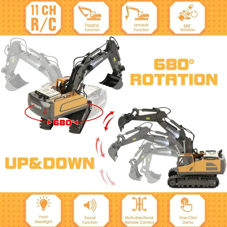 RC Excavator, Remote Control 11-Channel RC Construction Toy Vehicle, alloy/plastic