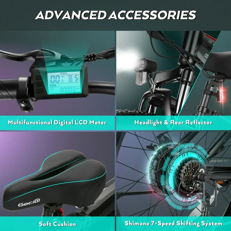 Gocio 26"4.0 Fat Tire Electric Mountain Bike for Adults, 750W Motor, 48V 13Ah Battery, Lightweight Aluminum Alloy Frame, Max 22Mph, 7-Speed