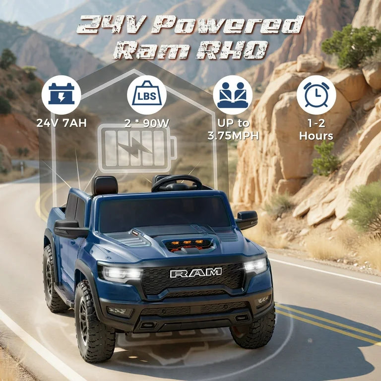 24V Ram Ride on Car 2 Seater for Big Kids, Ram 1500 RHO Battery Powered Ride on Toy with Remote Control