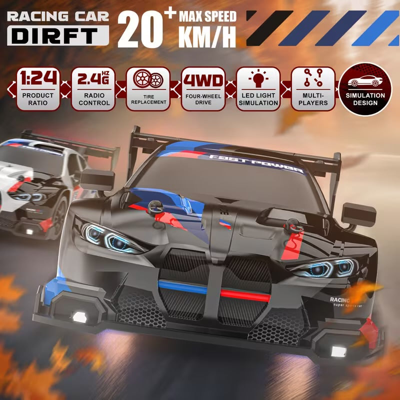 RC 1:24 Scale M2 Mini Drift Remote Control Rally Car, 2.4G Remote Control Vehicle, Speeds Over 20 Km/H, Comes with Drift Tires, Obstacles, And Lights