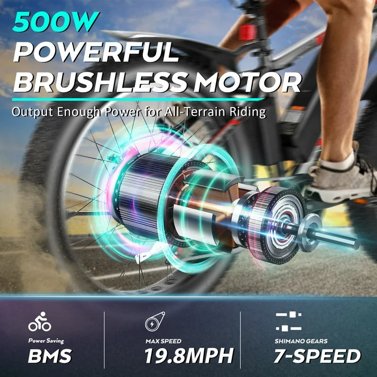 Gocio 26"4.0 Fat Tire Electric Mountain Bike for Adults, 750W Motor, 48V 13Ah Battery, Lightweight Aluminum Alloy Frame, Max 22Mph, 7-Speed