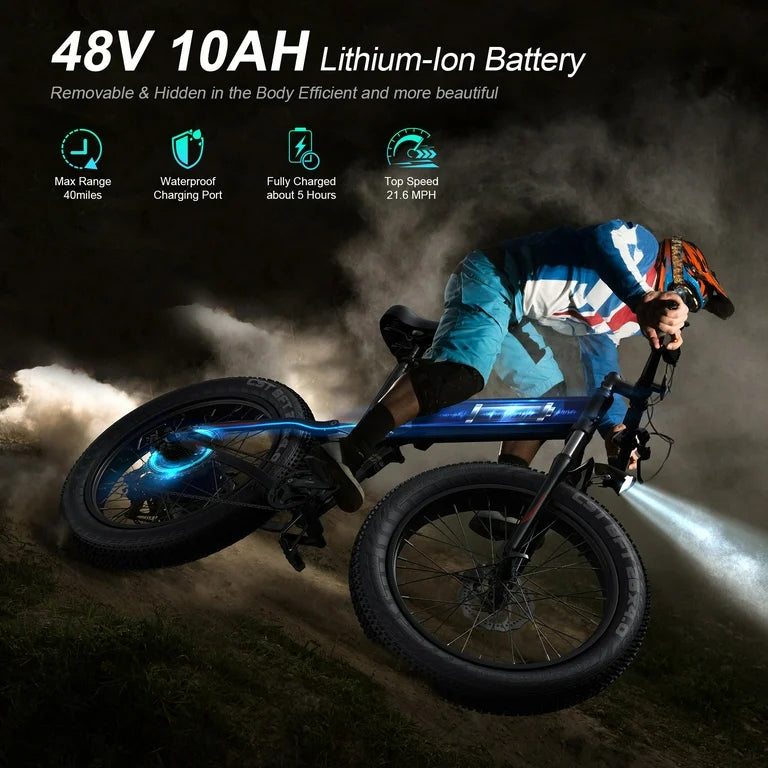 26"x4" Fat Tire 500W Electric Bike, Foldable E Bike for Adults-48V 10Ah Battery