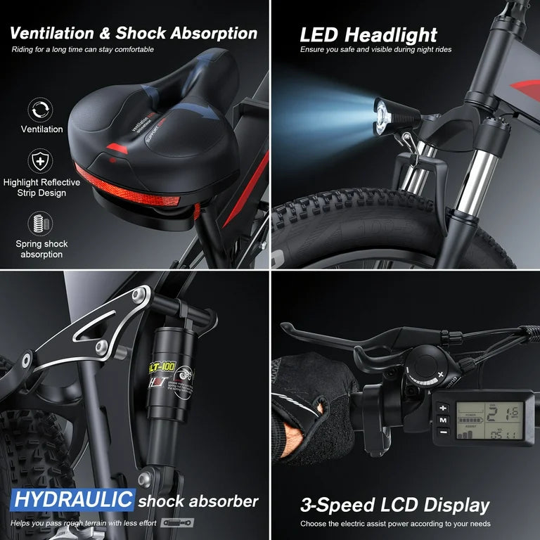 26"x4" Fat Tire 500W Electric Bike, Foldable E Bike for Adults-48V 10Ah Battery