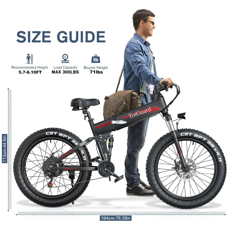 26"x4" Fat Tire 500W Electric Bike, Foldable E Bike for Adults-48V 10Ah Battery