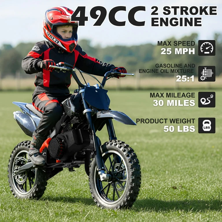 49cc Gasoline Dirt Bike for Kids ages 6-15,2-Stroke Gas Power Mini Dirt Bike