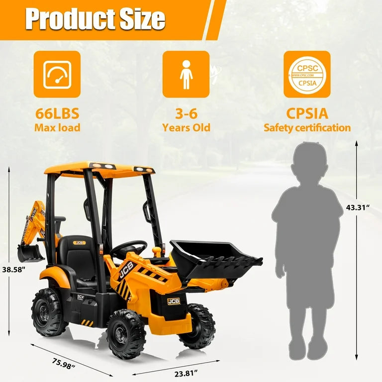 12V Kids Ride on Excavator/Digger, JCB Battery Powered Electric Tractor with Remote Control Ages 3-6