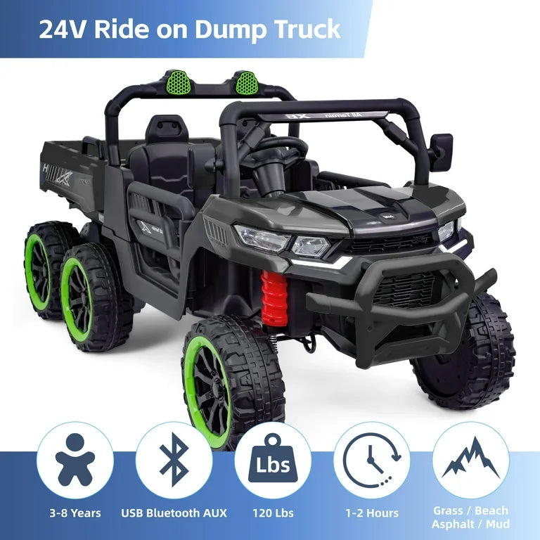 6 Wheel 24V 2-Seater Ride On Dump Truck, Ride on UTV W/ Dump Bed/Shovel, LED Light, Music, Remote Control,6 Wheels 4WD Ride On Toy